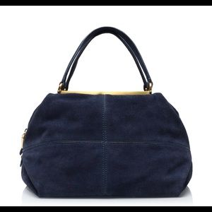 Absolutely stunning J Crew Hughes Suede Satchel in Deep Navy with gold accents